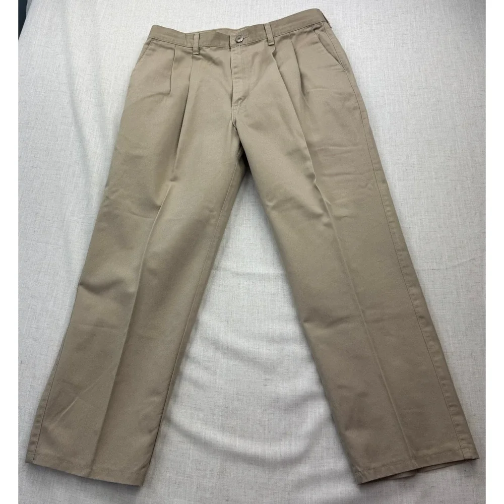 VTG Wrangler Riata Mens Pleated Chinos Tan Khaki Twill Relaxed Fit Pants 34x27